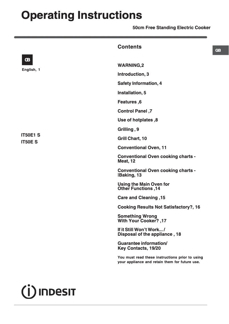 Image de la première page du manuel de l'appareil IT50E1XX S