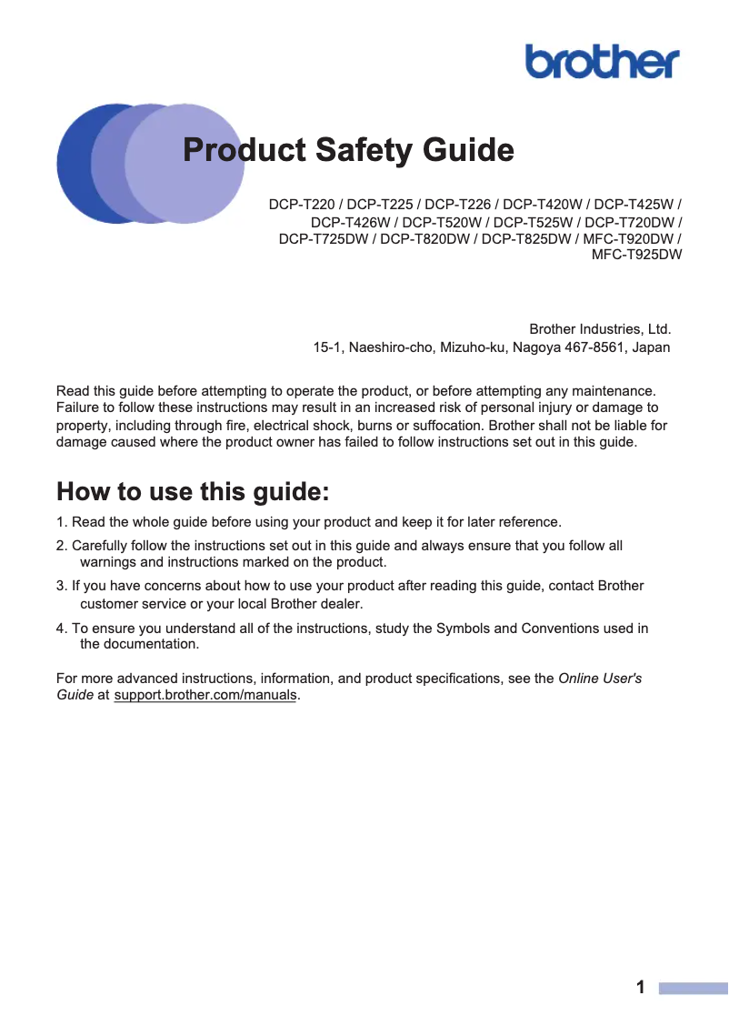 Page n°1 - Instructions de sécurité Brother DCP-T520W