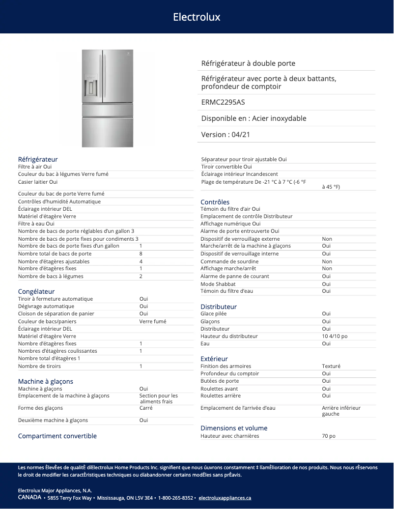 Page 1 de la notice Fiche technique Electrolux ERMC2295AS