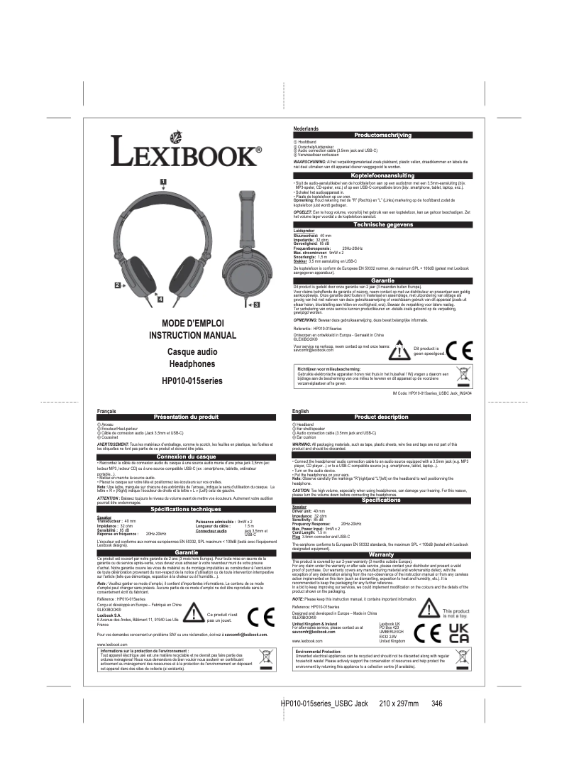 Page 1 de la notice Manuel utilisateur Lexibook HP010BB