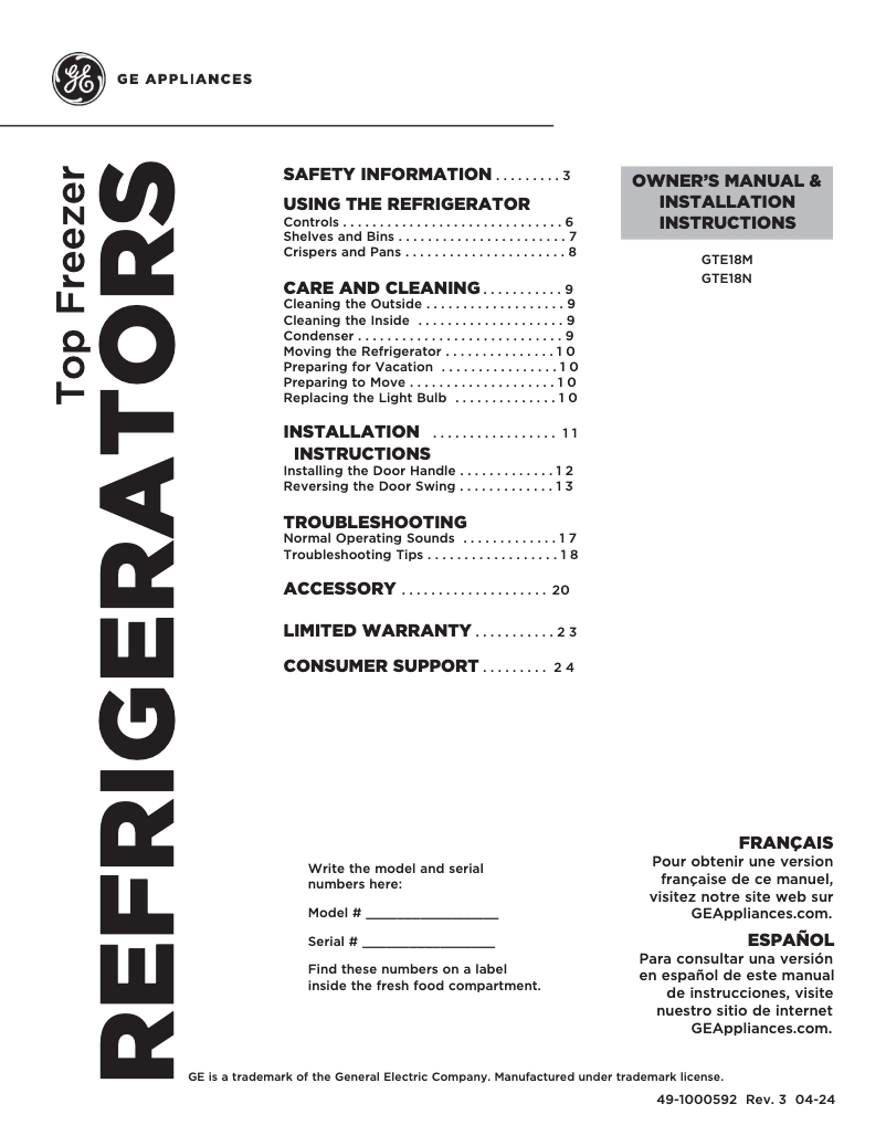 Page 1 de la notice Manuel d'utilisation et d'entretien GE GTE18MSRRSS