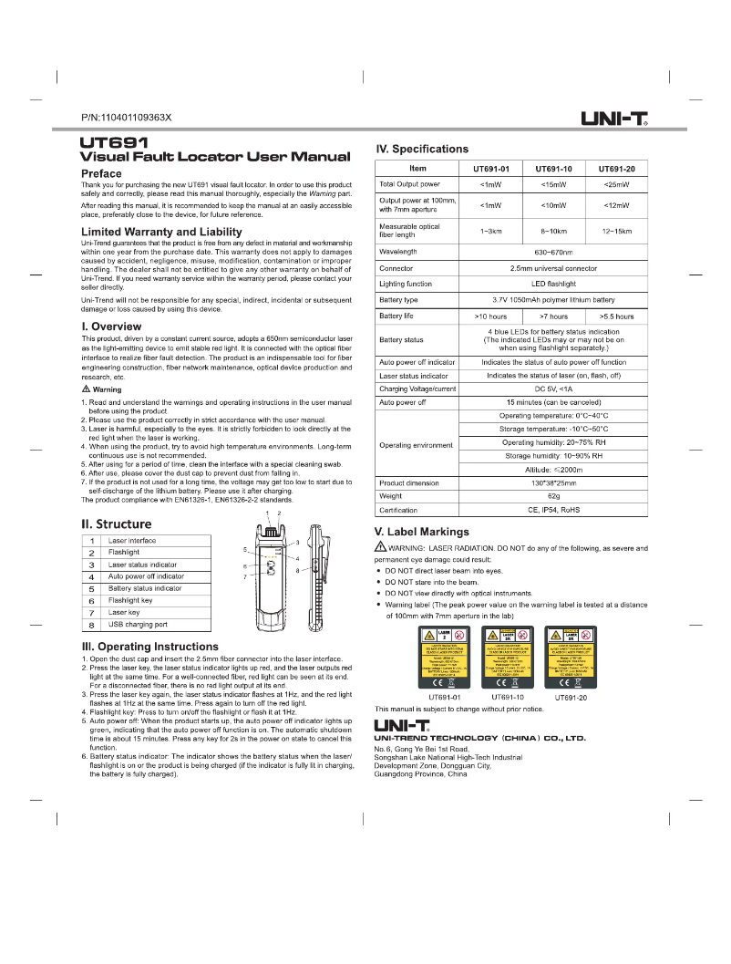 Page n°1 - Manuel utilisateur Uni-T UT691-20