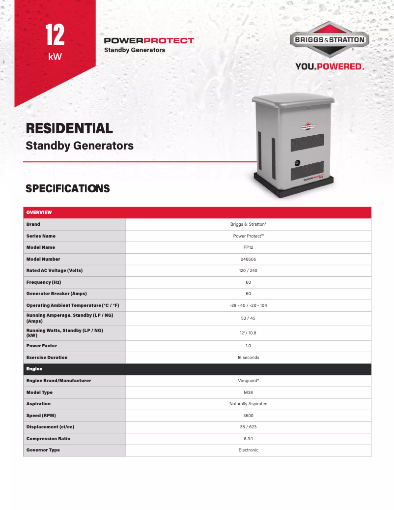 Page 1 de la notice Fiche technique Briggs & Stratton Power Protect 12kW