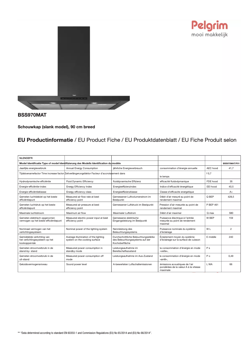 Page 1 de la notice Fiche technique Pelgrim BSS970MAT
