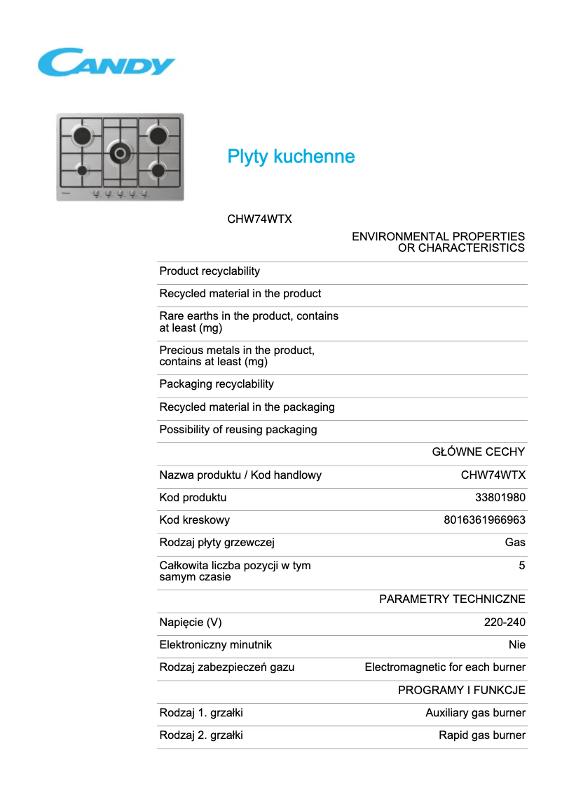 Page 1 de la notice Fiche technique Candy CHW74WTX