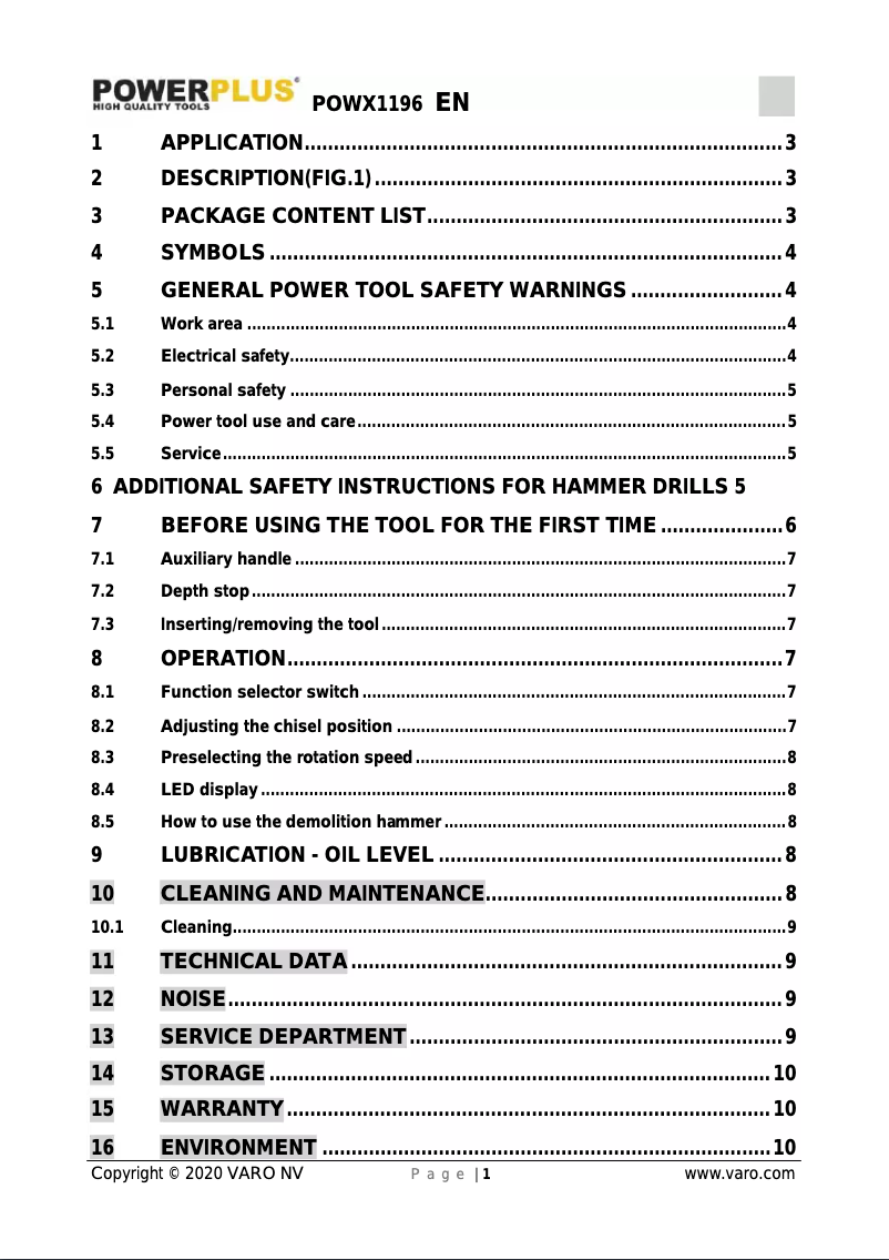 Page 1 de la notice Manuel utilisateur PowerPlus POWX1196