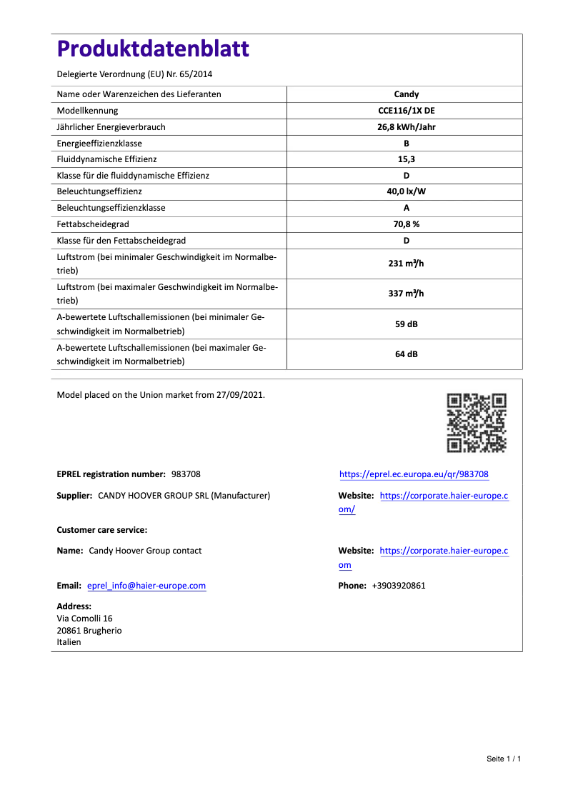 Page 1 de la notice Fiche technique Candy CCE116/1X DE