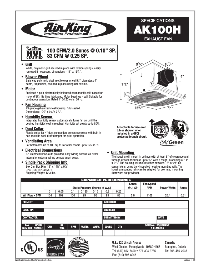 Page n°1 - Fiche technique Air King AK100H
