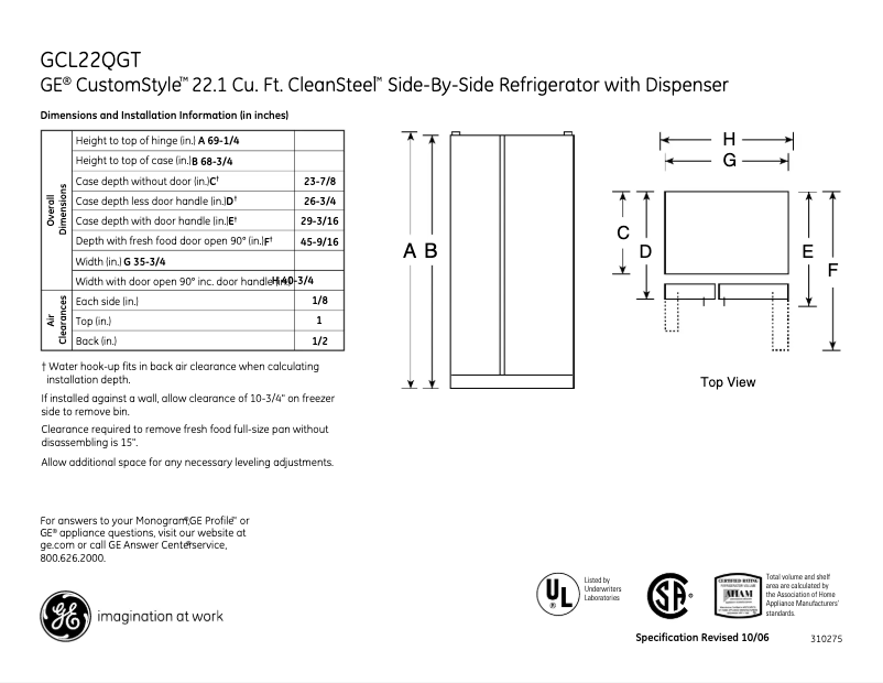 Page 1 de la notice Fiche technique GE GCL22QGTSV