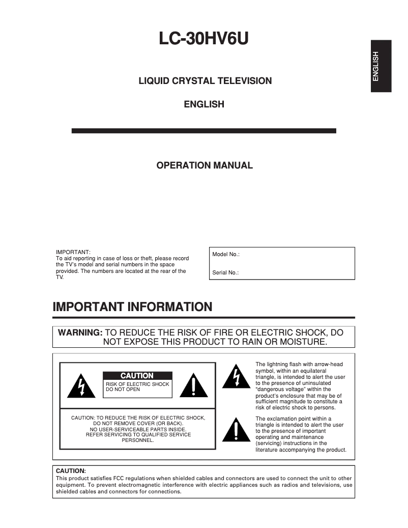 Page n°1 - Manuel utilisateur Sharp LC-30HV6U
