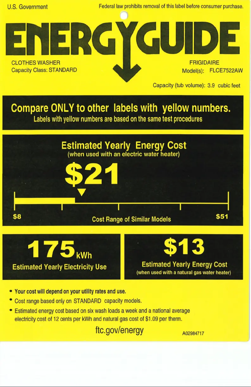 Page 1 de la notice Label énergétique Frigidaire FLCE7522AW