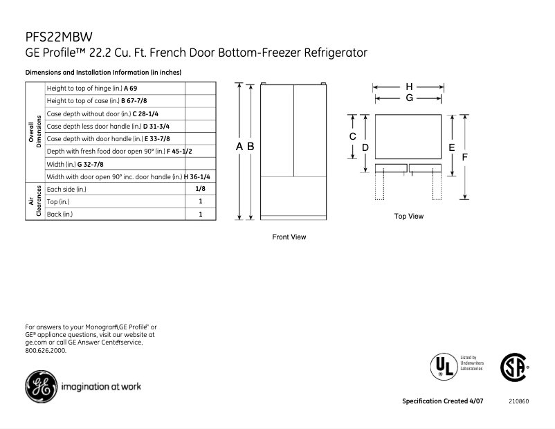 Page n°1 - Fiche technique GE Profile PFS22MBWBB
