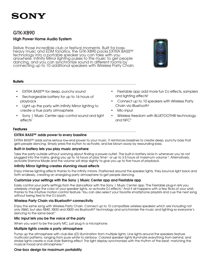 Página 1 del manual Ficha técnica Sony GTK-XB60