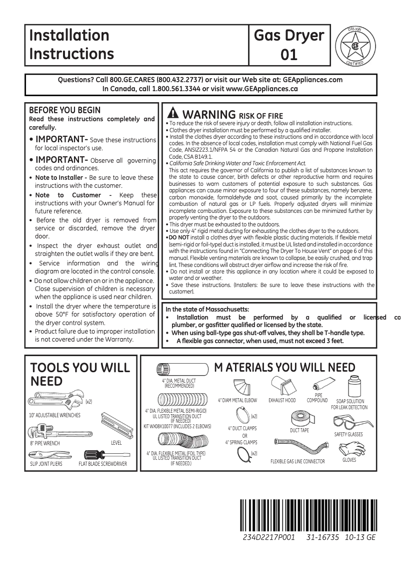 Page n°1 - Guide d'installation GE GTDX400GDWS