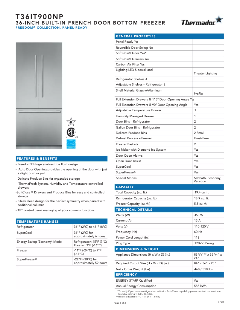 Page 1 de la notice Fiche technique Thermador T36IT900NP