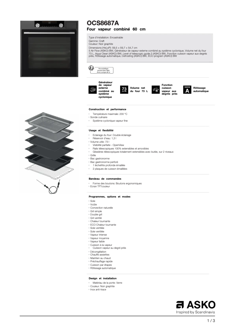 Page 1 de la notice Fiche technique Asko OCS8687A