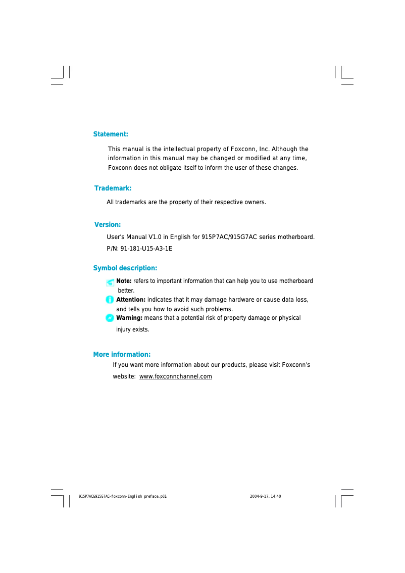Page 1 de la notice Manuel utilisateur Foxconn 915P7AC-8EKRS