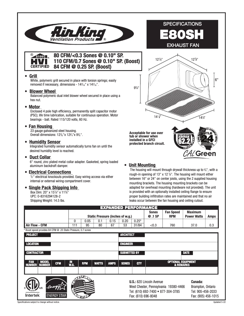 Page 1 de la notice Fiche technique Air King E80SH