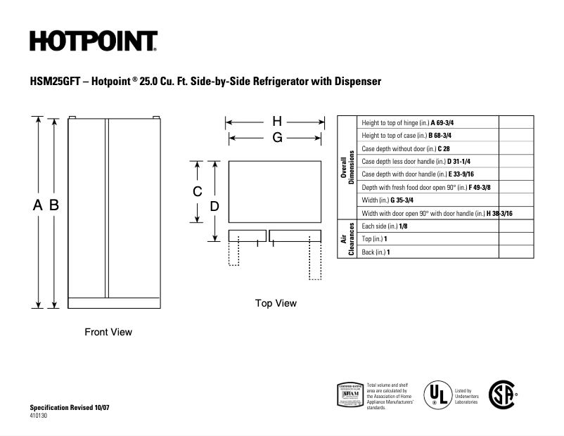 Page 1 de la notice Fiche technique Hotpoint HSM25GFTSA