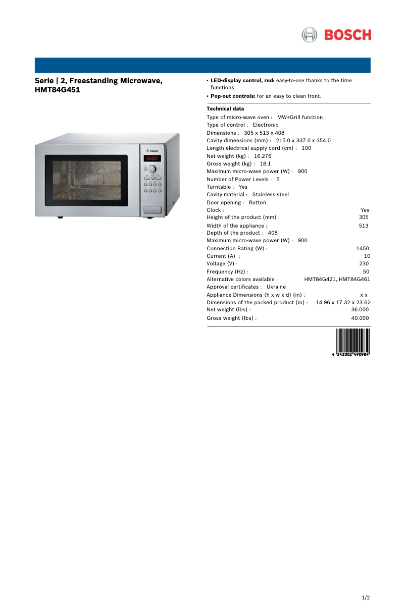 Page 1 de la notice Fiche technique Bosch HMT84G451