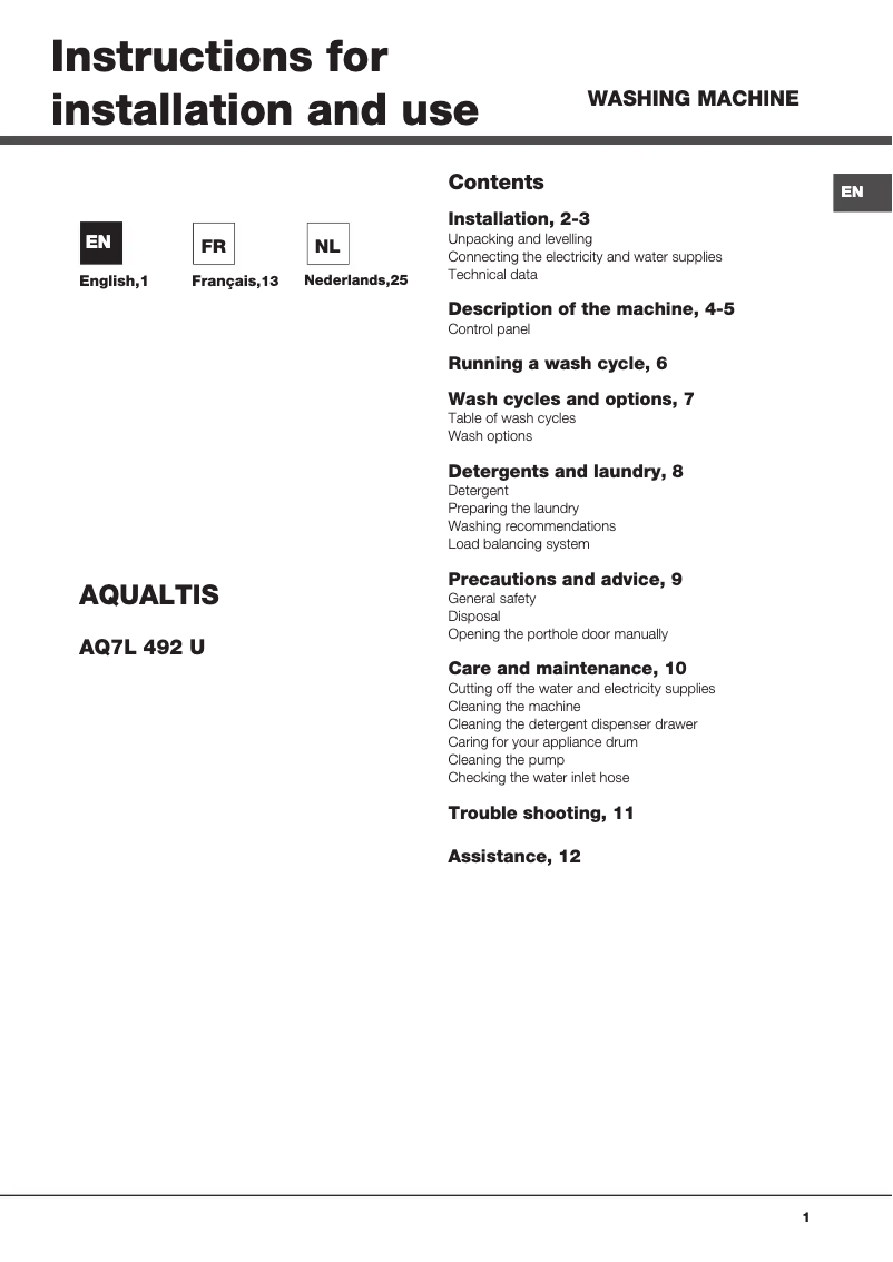 Page 1 de la notice Manuel utilisateur Hotpoint Ariston Aqualtis AQ7L 492 U