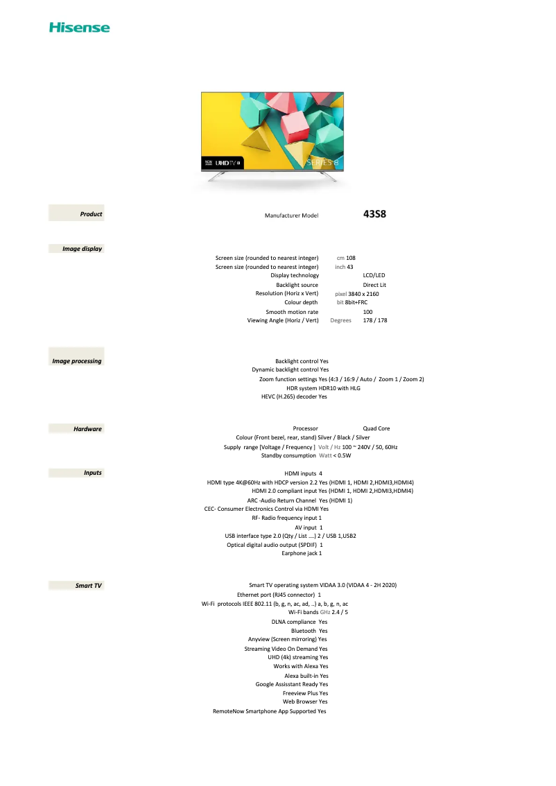 Page n°1 - Fiche technique Hisense Series 8 43S8