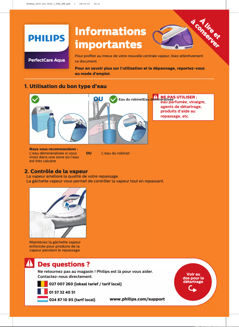 Page 1 de la notice Guide de démarrage rapide Philips PerfectCare Aqua GC8622