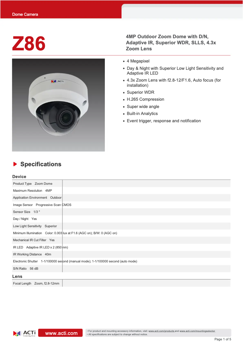 Page n°1 - Fiche technique ACTi Z86