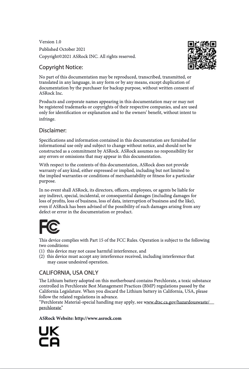 Page 1 de la notice Manuel utilisateur Asrock B550M PG Riptide