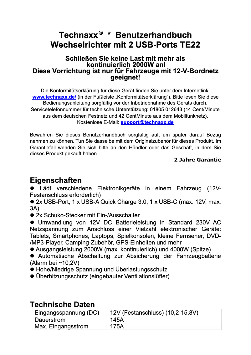 Page n°1 - Manuel utilisateur Technaxx TE16