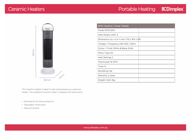 Page 1 de la notice Fiche technique Dimplex DHCH20H