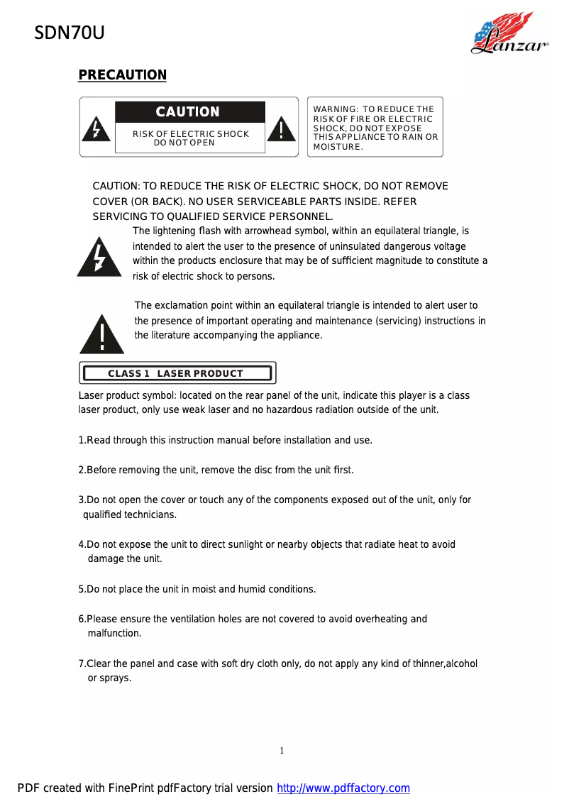 Page 1 de la notice Manuel utilisateur Lanzar SDN70U