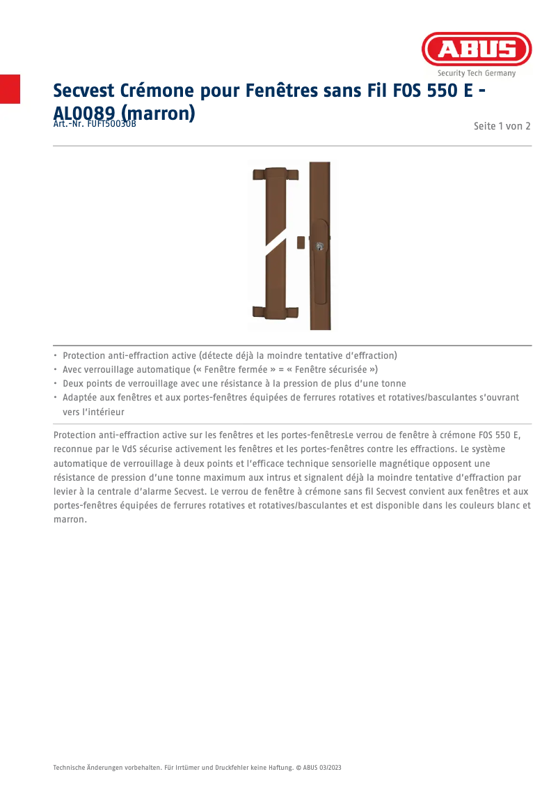Page n°1 - Fiche technique Abus FUFT50030B