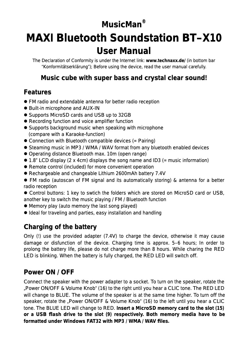 Page n°1 - Manuel utilisateur Technaxx MusicMan MAXI BT-X10