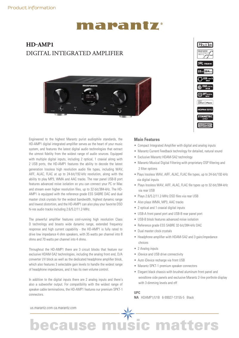 Page n°1 - Fiche technique Marantz HD-AMP1