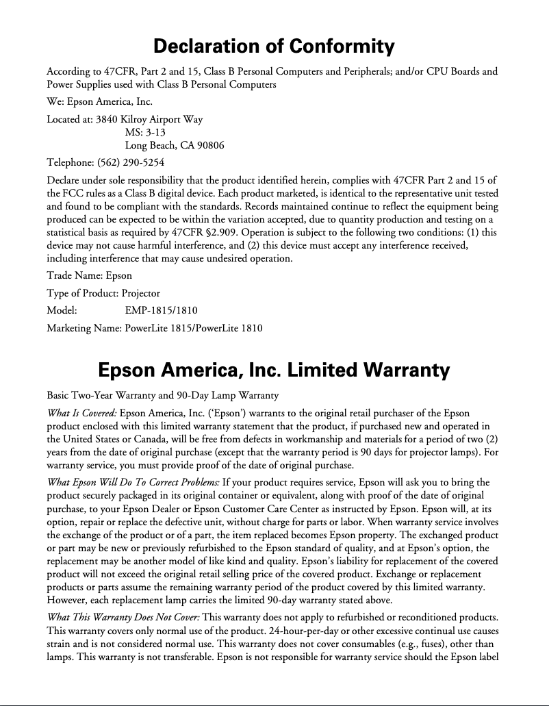 Page 1 de la notice Informations de garantie Epson PowerLite 1810p