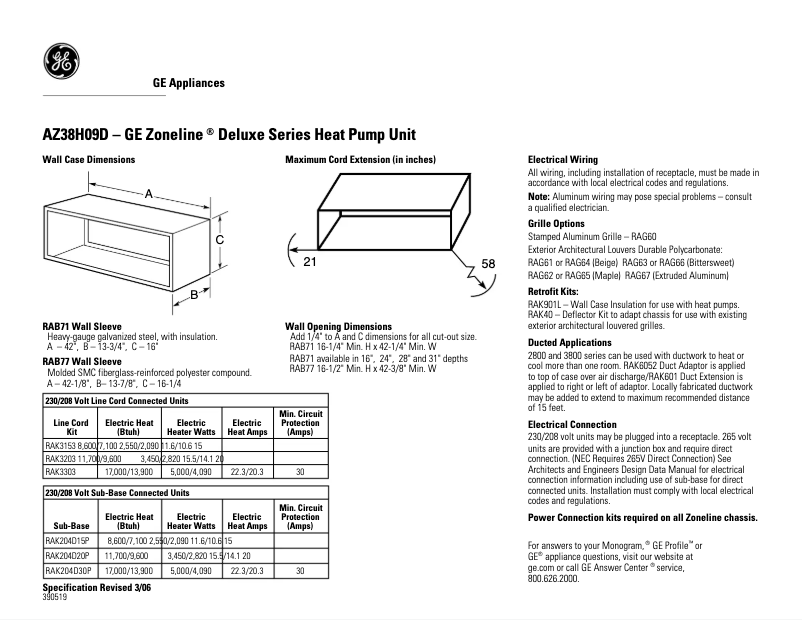 Page n°1 - Fiche technique GE AZ38H09DAC