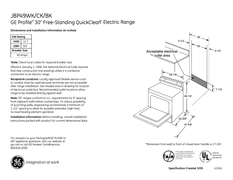 Page n°1 - Fiche technique GE Profile JBP49WKWW