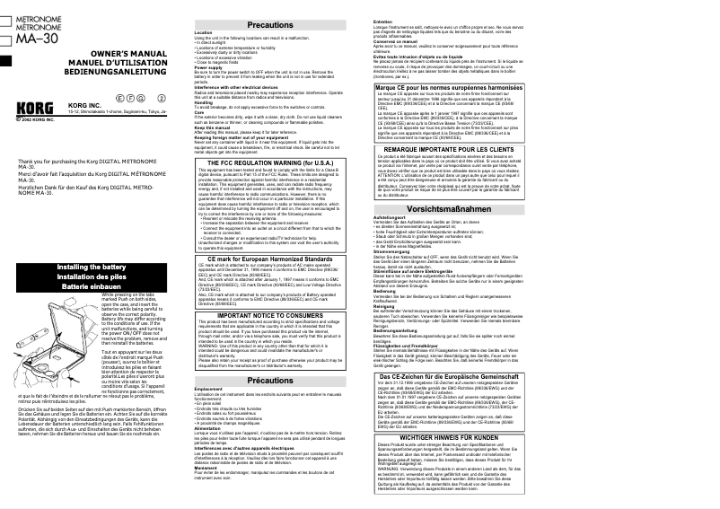 Page 1 de la notice Manuel utilisateur Korg MA-30