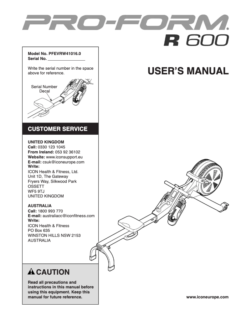 Page n°1 - Manuel utilisateur ProForm R 600