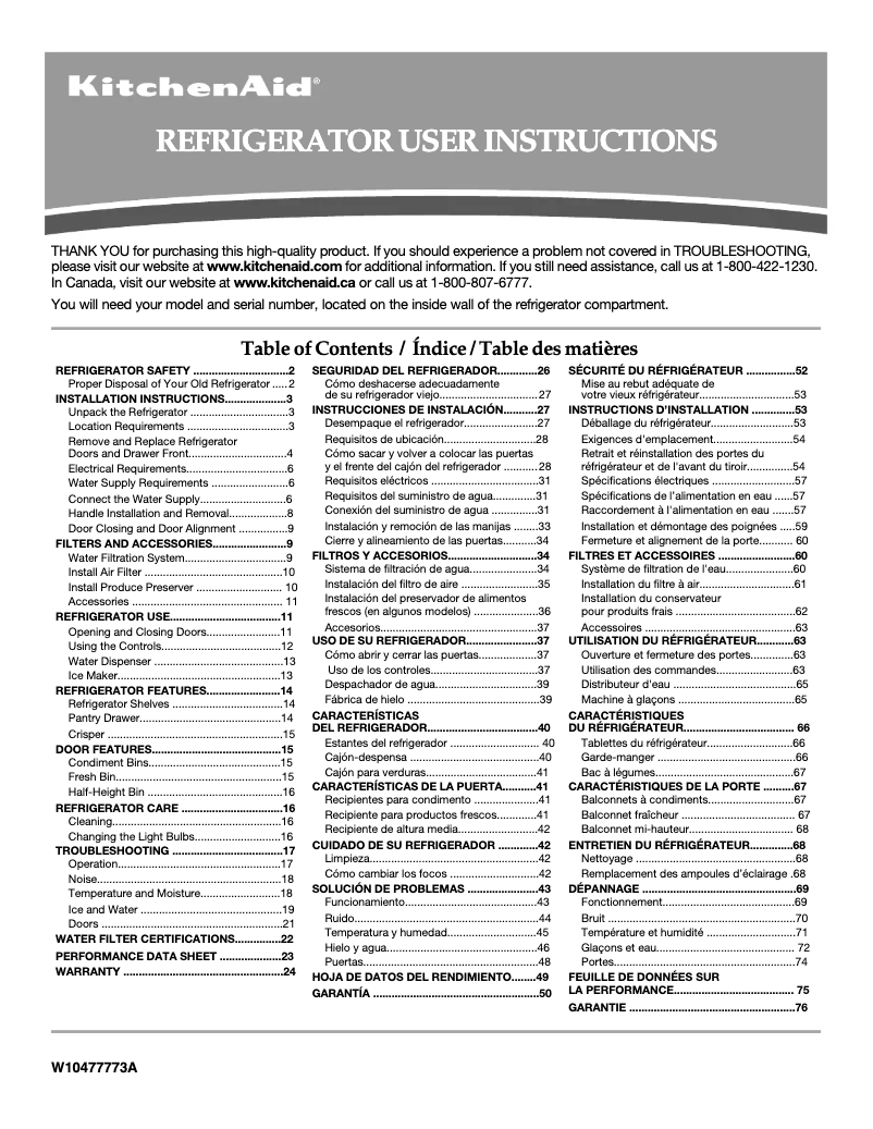 Page 1 de la notice Manuel utilisateur KitchenAid Architect KFFS20EYBL