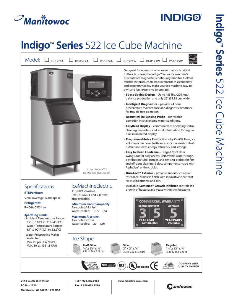 Page 1 de la notice Fiche technique Manitowoc ID-0522A