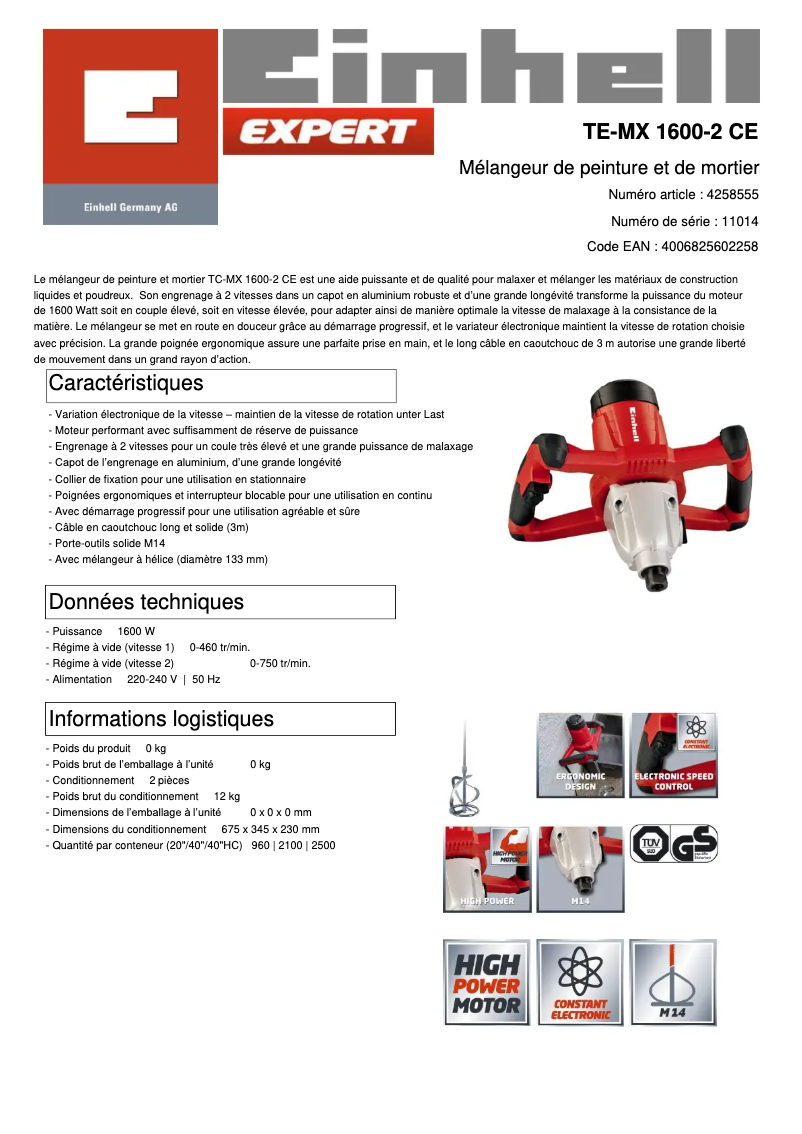 Page n°1 - Fiche technique Einhell TE-MX 1600-2 CE