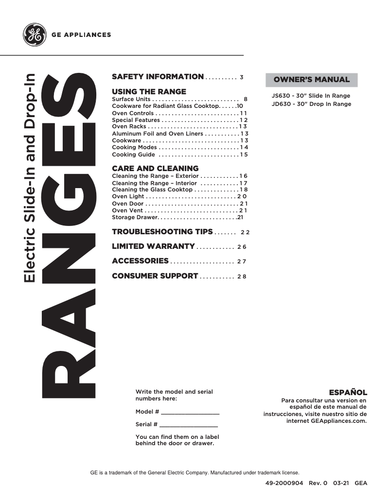 Page n°1 - Manuel d'utilisation et d'entretien GE JD630DFWW