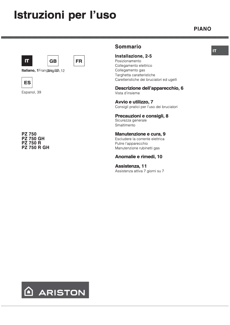 Page 1 de la notice Manuel utilisateur Hotpoint Ariston PZ 750 R GH/HA