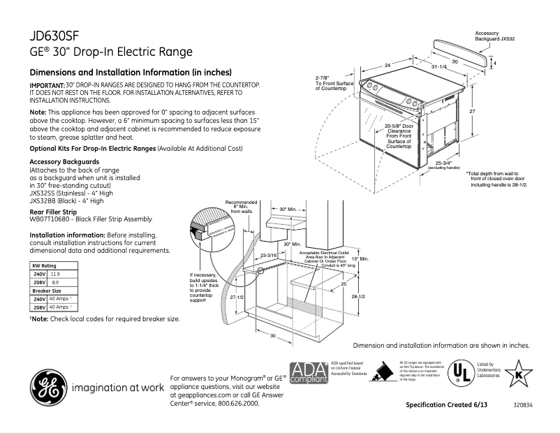 Page 1 of the manual Technical Sheet GE JD630SFSS