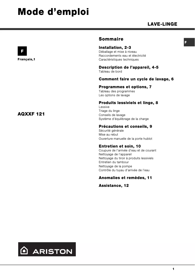 Page n°1 - Manuel utilisateur Ariston Thermo AQXXF121