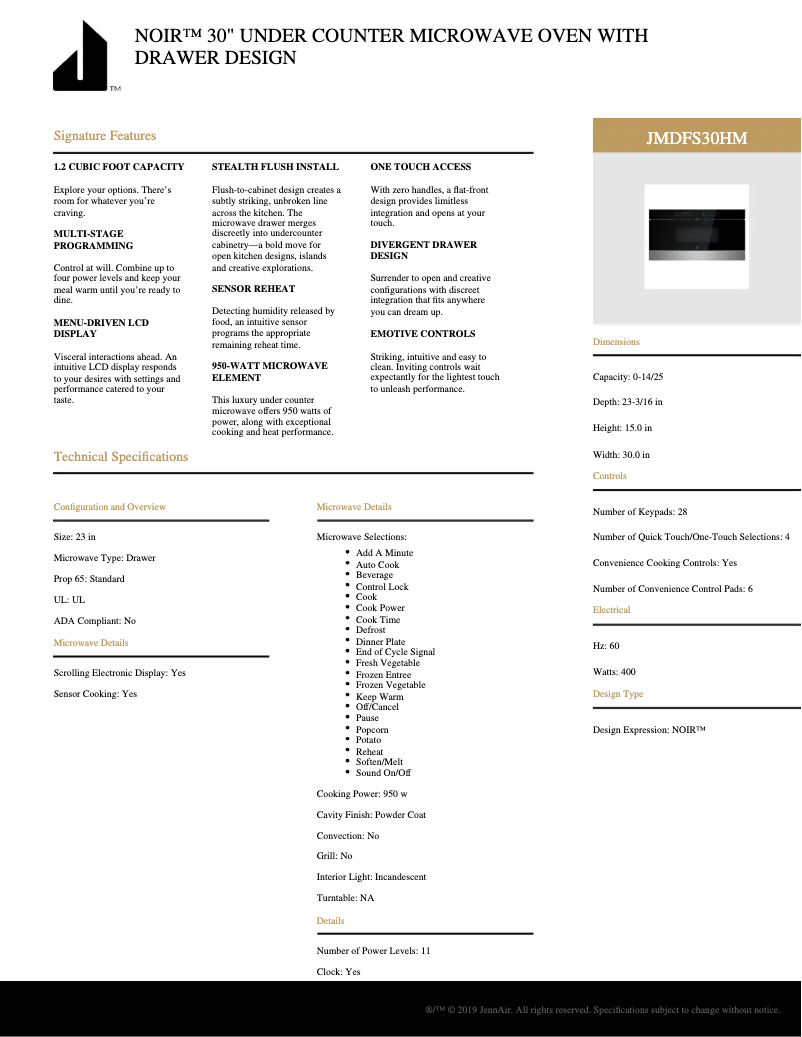 Página 1 del manual Ficha técnica KitchenAid JMDFS30HM