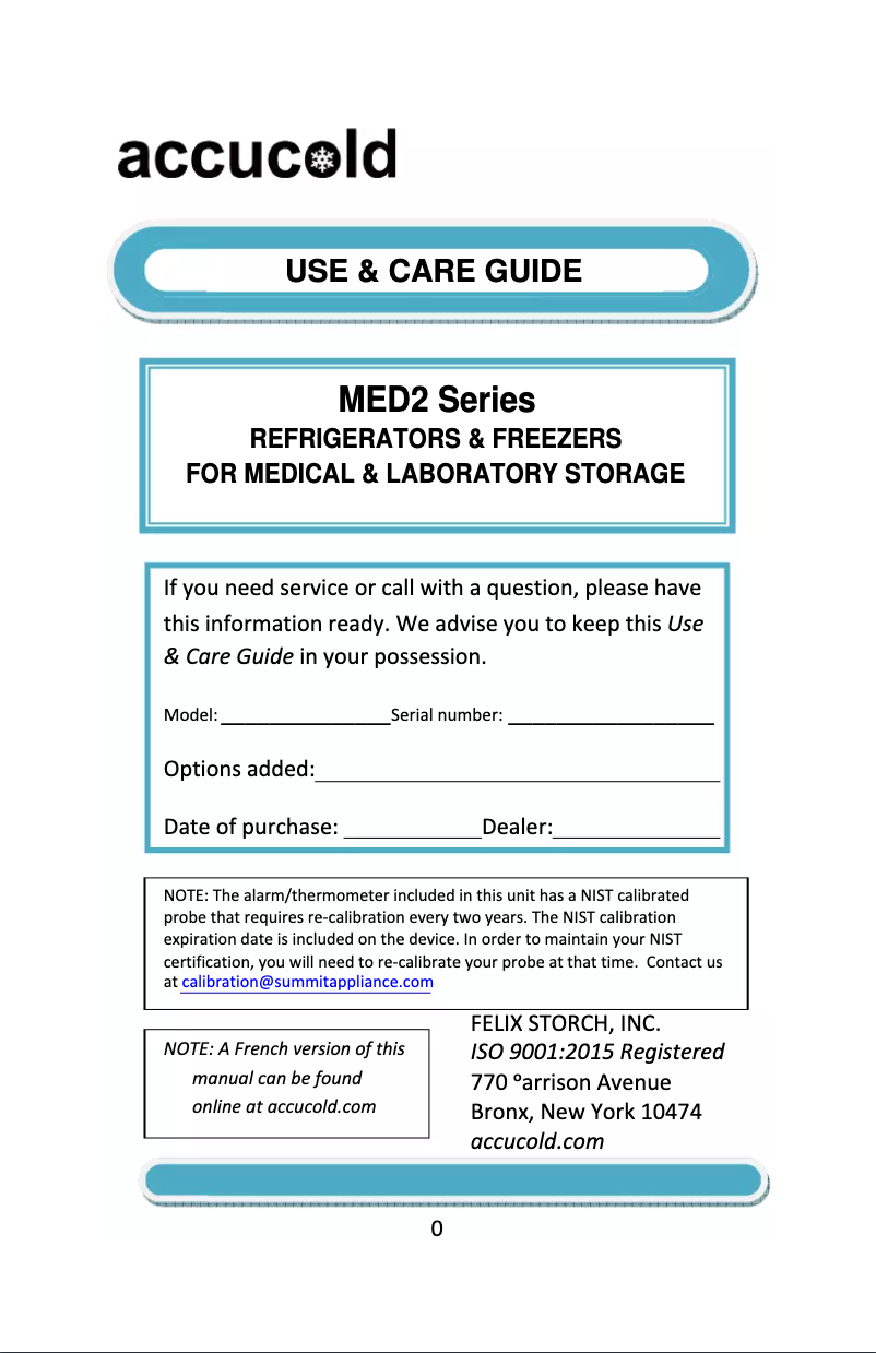 Page n°1 - Guide d'installation Summit Accucold FFAR10MED2