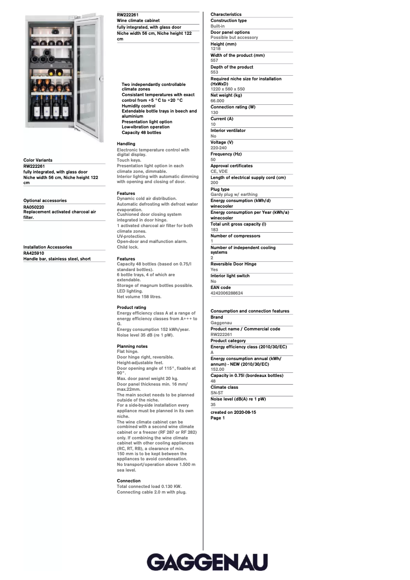 Page 1 de la notice Fiche technique Gaggenau RW222261